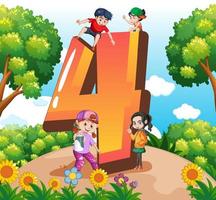 Four kids with number four cartoon vector