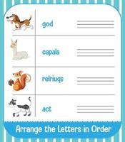 Worksheet design with animals and words vector