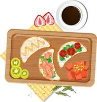 Top view of breakfast on wooden tray vector