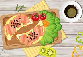 Top view of breakfast on wooden tray vector