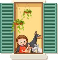 View through the window of girl cartoon character vector