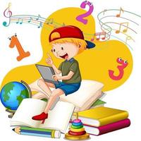 A boy reading books on a stack of books vector