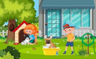 Outdoor scene with children washing their dogs vector