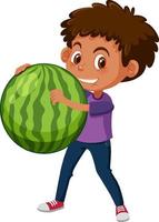 A boy holding fruit on white background vector