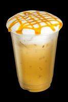 Ice Cappuccino or Latte Coffee with whip cream and caramel topping on top isolated.