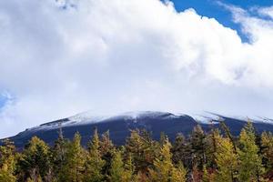 Close up top of Fuji mountain with snow cover and wind on the top with could in Japan.