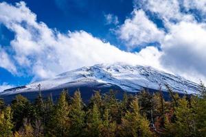 Close up top of Fuji mountain with snow cover and wind on the top with could in Japan. photo