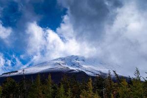 Close up top of Fuji mountain with snow cover and wind on the top with could in Japan. photo