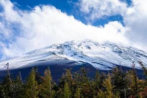 Close up top of Fuji mountain with snow cover and wind on the top with could in Japan. photo