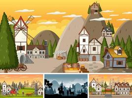 Set of different scene medieval with silhouette vector