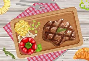 Top view of meat steak on wooden tray vector