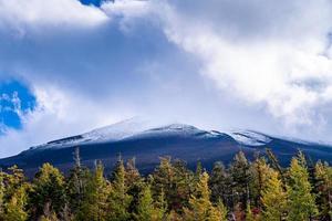 Close up top of Fuji mountain with snow cover and wind on the top with could in Japan. photo