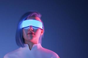 Woman in glowing futuristic VR goggles on 3d illustration photo