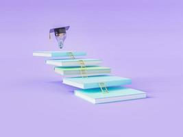 Books with small ladders and light bulb in academic cap photo