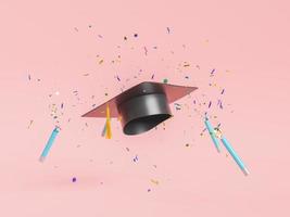 gorro de graduación con colorido confeti volador sobre fondo rosa