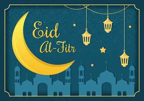 Happy Eid ul-Fitr Mubarak Background Illustration with Pictures of Mosques, Moon, Antennas and Others Suitable for Posters