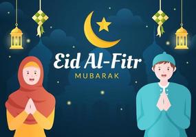 feliz eid ul-fitr mubarak ilustración de fondo. musulmanes celebrando con la mano dándose la mano, deseándose mutuamente y disculpándose en estilo plano vector