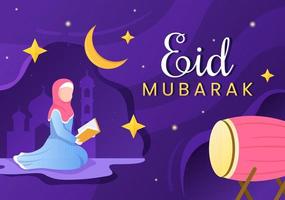 Happy Eid ul-Fitr Mubarak Background Illustration. Muslims Praying with Both Hands in Flat Style vector