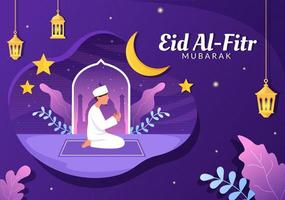 Happy Eid ul-Fitr Mubarak Background Illustration. Muslims Praying with Both Hands in Flat Style vector