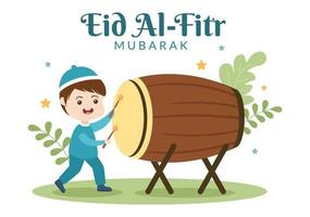 Happy Eid ul-Fitr Mubarak Illustration. Cute Cartoon of Kids Playing Bedug or Drum to Celebrate in Flat Style Background vector