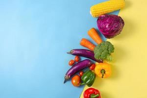 Creative flat lay composition of assorted fresh vegetables on colorful background with copy space