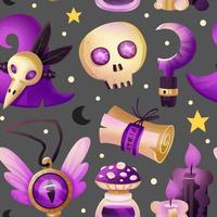 Wizard, witch magic seamless pattern, background. Halloween decoration. Skull, hat, candle, bottle with mushroom, knife, amulet, reaping hook, scroll. Packaging wrapping paper design. vector