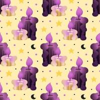 Ancient candles with light seamless pattern, background. Wizard, witch, fairy, fantasy. Knowledge, library, history. Packaging wrapping paper design. vector