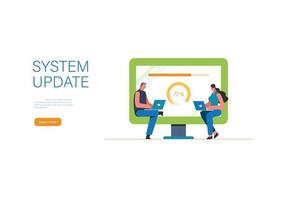 System updates with people updating operation in computing and installation programs. Flat vector illustration modern character design. For a landing page, banner, flyer, poster, web page.