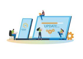 System updates with people updating operation in computing and installation programs. Flat vector illustration modern character design. For a landing page, banner, flyer, poster, web page.