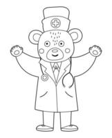 Vector outline bear doctor in medical hat with stethoscope. Cute funny animal character. Medicine coloring page for children. Healthcare icon isolated on white background