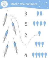 Matching game with syringes and drops. Medical math activity for preschool children. Medicine counting worksheet. Educational riddle with cute funny elements.