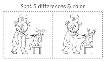 Medical find differences game and coloring page for children. Medicine preschool activity with doctor examining patients lungs. Puzzle with cute funny smiling characters. vector