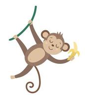 Vector cute monkey hanging on liana with banana isolated on white background. Funny tropical animal and fruit illustration. Bright flat picture for children. Jungle summer clip art