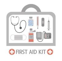 Vector first aid kit with equipment. Medical emergency box with medicine, stethoscope, tonometer. Doctor tools arranged in a bag