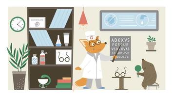 Vector hospital ward. Funny animal doctor checking patients eyesight in clinic office. Medical interior flat illustration for kids. Health care concept
