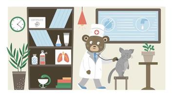 Vector hospital ward. Funny animal doctor listening to patients lungs in clinic office. Medical interior flat illustration for kids. Health care concept
