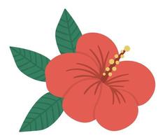 Vector tropical composition with red hibiscus and green leaves isolated on white background. Bright flat style exotic design element. Summer floral clip art