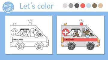 Medical coloring page for children. Vector outline ambulance with cute animals inside. Bear doctor driving emergency car with ill mouse. Funny special medical transport color book for kids.