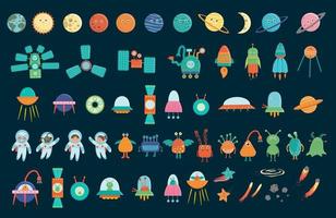 Big vector set of space elements for children. Collection of flat style spaceship, satellite, spacecraft, planets, astronauts, star, ufo, aliens, comet isolated on white background.