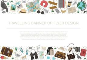 Vector horizontal layout frame with travelling objects. Journey elements banner design. Cute funny card template with travel or vacation elements.