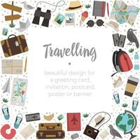 Vector square frame with travelling objects. Journey elements banner design. Cute funny card template with travel or vacation elements.