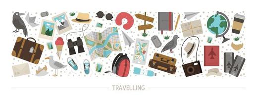 Vector horizontal layout set with travelling objects. Journey elements banner design. Cute funny card template with travel or vacation elements.