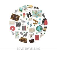 Vector round frame with travelling objects. Journey elements banner design framed in circle. Cute funny card template with travel or vacation elements.