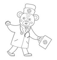 Vector outline bear doctor going with first aid kit and waving his hand. Cute funny animal character. Medicine coloring page for children. Healthcare icon isolated on white background