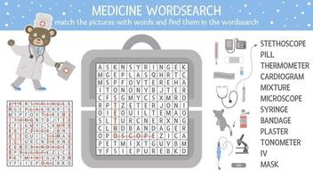Vector health care wordsearch puzzle with pictures. Medicine quiz for children. Educational crossword activity with cute medical equipment and doctor