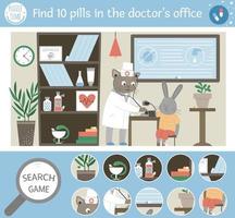 Vector medical searching game for children with pills lost in the hospital. Cute funny scene. Find hidden objects. Search for pills in the doctors office