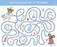 Medical maze for children. Preschool medicine activity. Funny puzzle game with cute doctor bear, ill mouse, pills, med equipment. Help the doctor get to the patient. vector