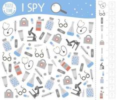 Medical I spy game for kids. Healthcare themed searching and counting activity for preschool children with cute elements. Funny health check game for kids. Logical quiz worksheet. vector