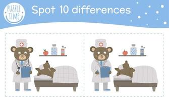 Juego médico de encontrar diferencias para niños. actividad preescolar de medicina con el médico tomando notas cerca de la cama del paciente. rompecabezas con lindos personajes sonrientes divertidos. vector