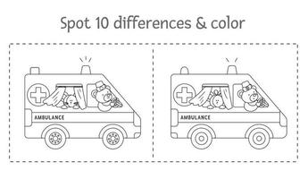 juego de diferencias médicas y página para colorear para niños. actividad preescolar de medicina con camión de ambulancia y personajes lindos. puzzle con transporte especial de emergencia.